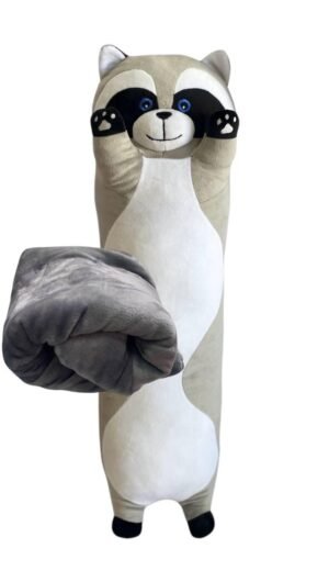 М'яка іграшка подушка обнімашка з пледом 3 в 1 єнот Батон світло сірий 95 см М119/3