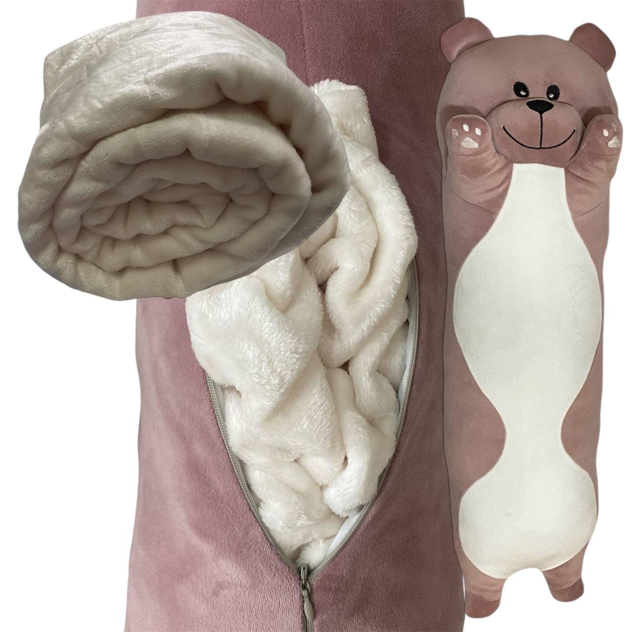 М'яка іграшка подушка обнімашка з пледом 3 в 1 ведмедик Батон пудра 75 см М122/2 - Зображення 2