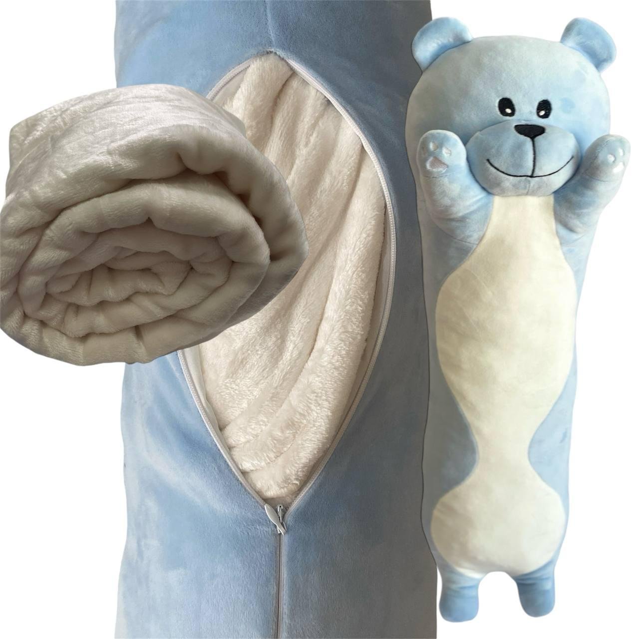 М'яка іграшка подушка обнімашка з пледом 3 в 1 ведмедик Батон блакитний 75 см М122/2 - Зображення 2